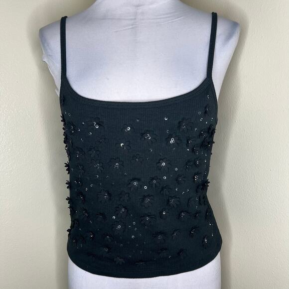 J Crew Cami Tank Top Large White Floral Embellished Vintage Ribbed Scoop Neck - Picture 1 of 8